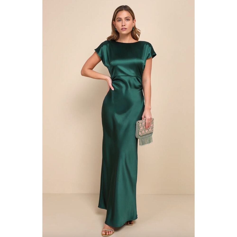 Lulu's Deep Emerald Satin Boatneck Maxi Dress